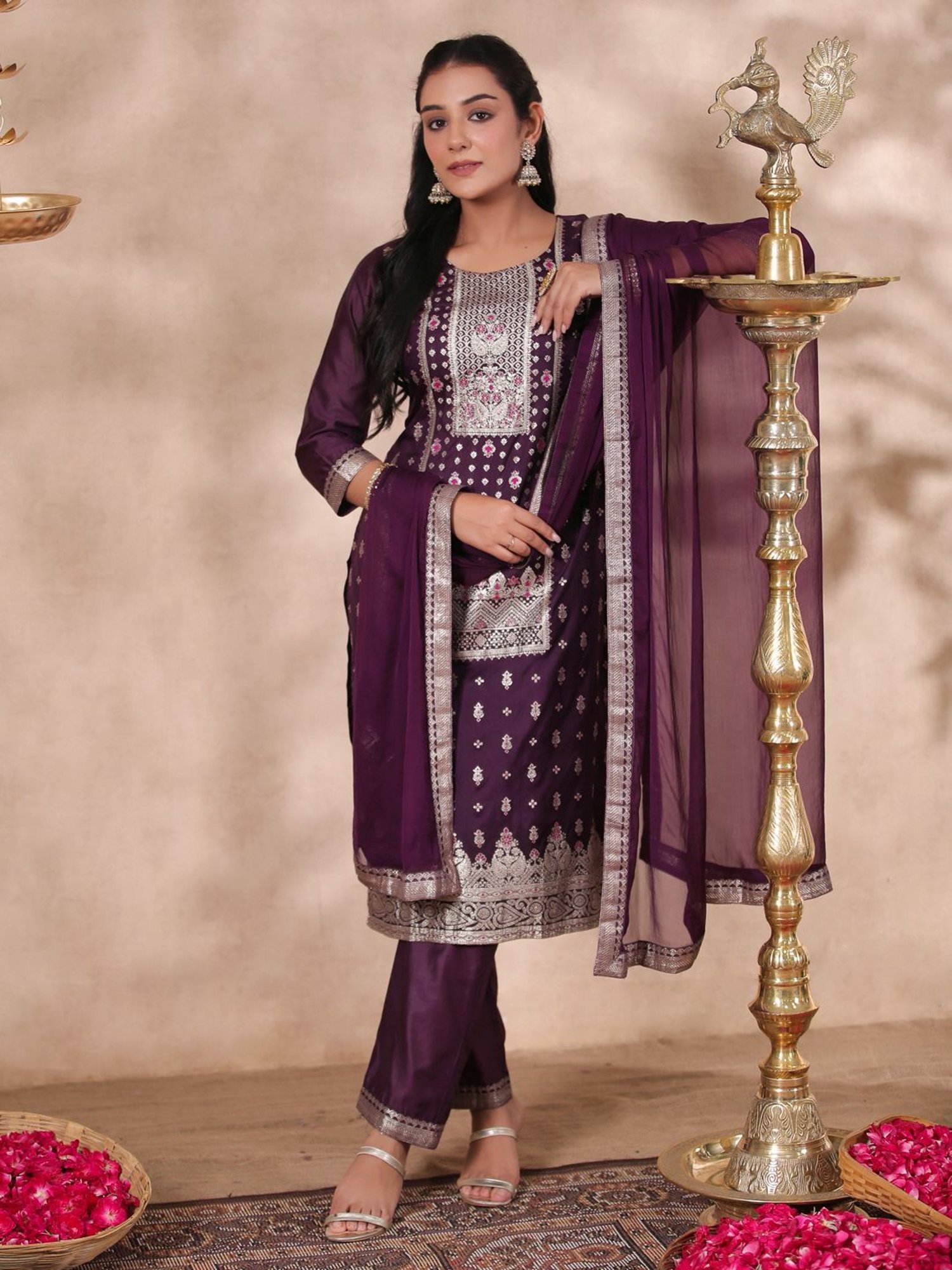 Ishin Purple Woven Pattern Kurta Pant Set With Dupatta