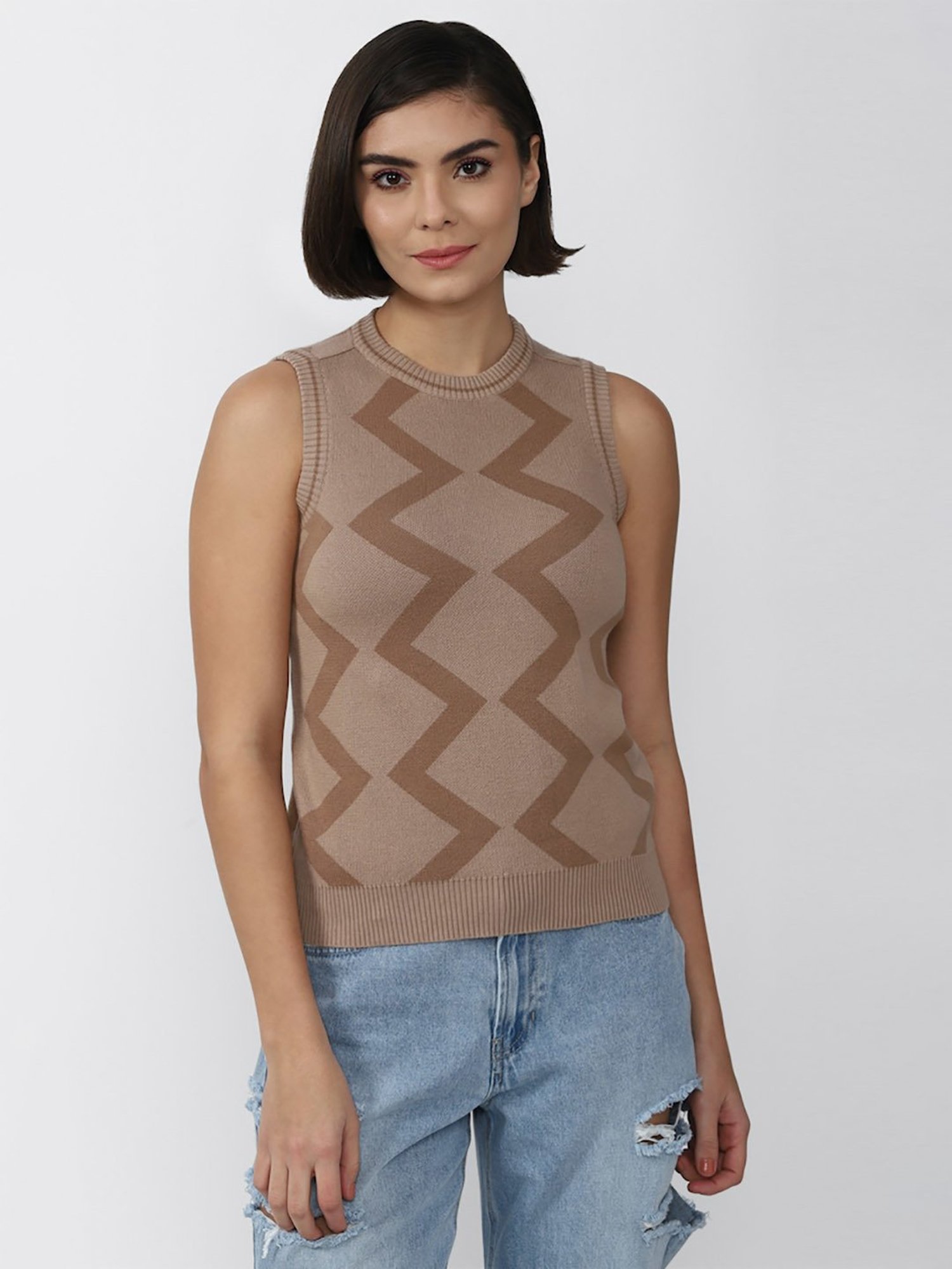 Forever 21 Brown Cotton Geometric Print Sweater Vest