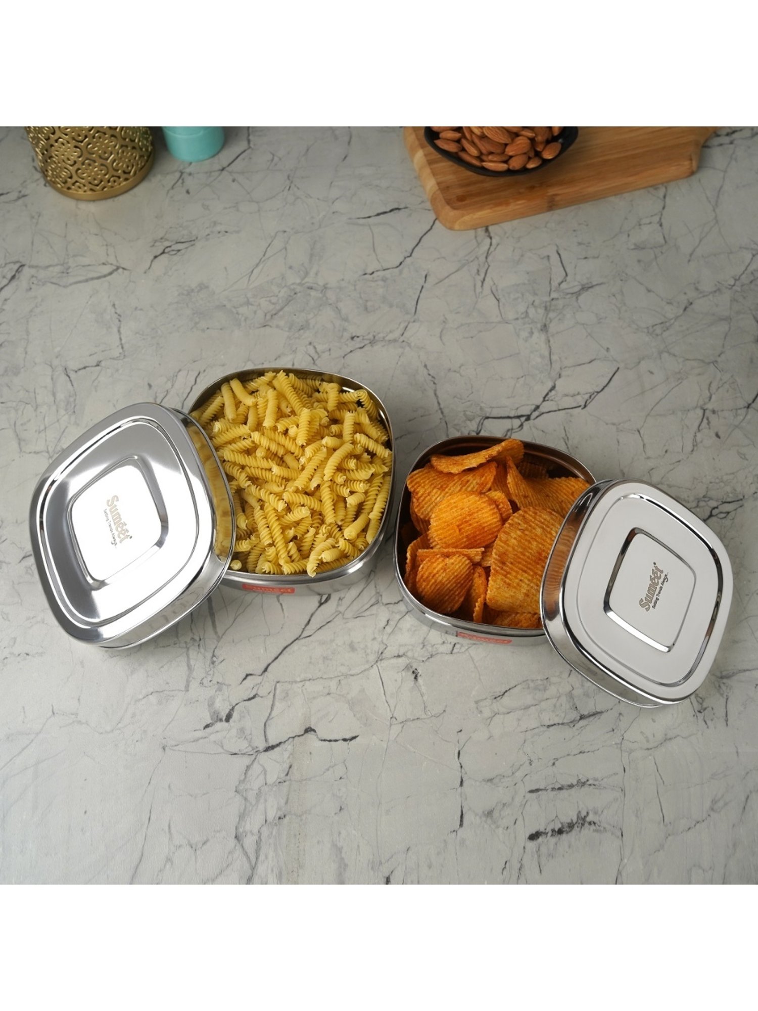 Sumeet S.S.Square Storage container box/Dabba for Kitchen,Set of 2Pc,550ml & 700ml, 11cm & 12.5cm