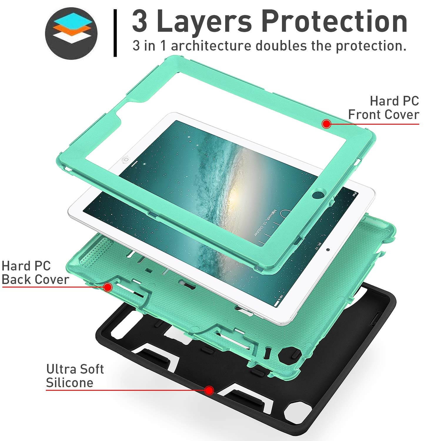 iPad 2 Case,iPad 3 Case,iPad 4 Case, AICase Kickstand Shockproof Heavy Duty Rubber High Impact Resistant Rugged Hybrid Three Layer Armor Protective Case with Stylus for iPad 2/3/4 (Black+Mint Blue)