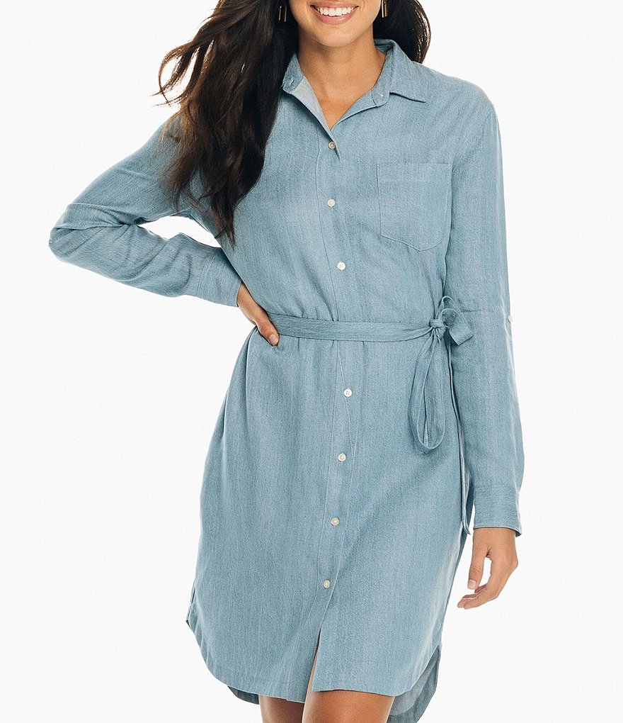 Southern Tide Franca Tie Waist Long Sleeve Drop Tail Chambray Dress