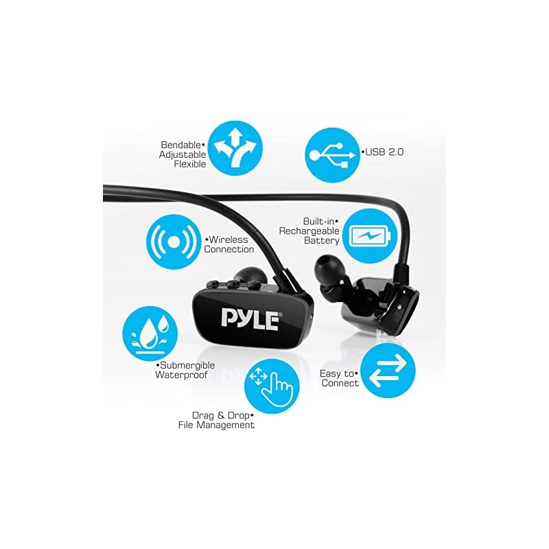 MP3 Player Bluetooth Headphone Waterproof Swim IPX8 Flexible WrapAround Style Headphones Builtin Rechargeable Battery Bluetooth w 8GB Flash Memory Replacement Earbuds PSWP28BK Black