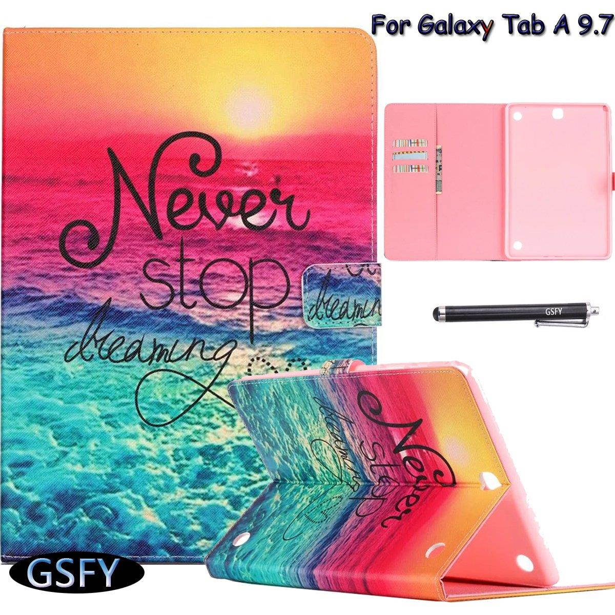 Tab A 9.7 Case, NewshineMagnetic Closure Stand Cover Flip Folio Skin with [Auto Wake/Sleep Feature] for 2015 Released Samsung Galaxy Tab A 9.7 SM-T550 SM-P550 Tablet (1 Sunset&Blue Sea)