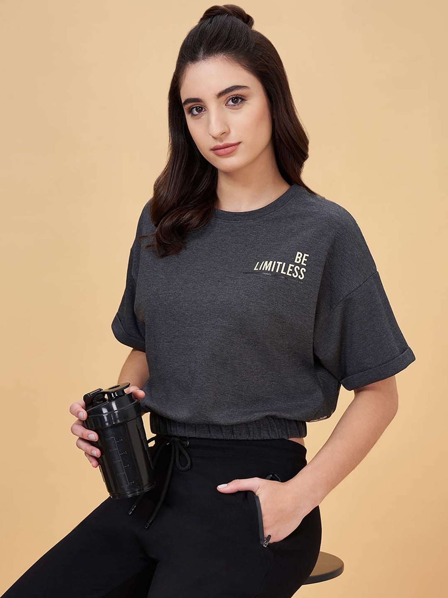 Ajile by Pantaloons Grey Cotton Printed Sports Crop T-Shirt