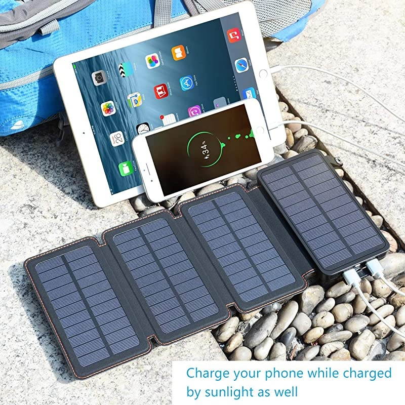 Solar Charger 25000mAh Solar Power Bank with 4 Foldable Solar Panels and 2 Ports, Portable Phone Charger for Outdoor Camping Hiking Compatible with Smartphones and Tablets