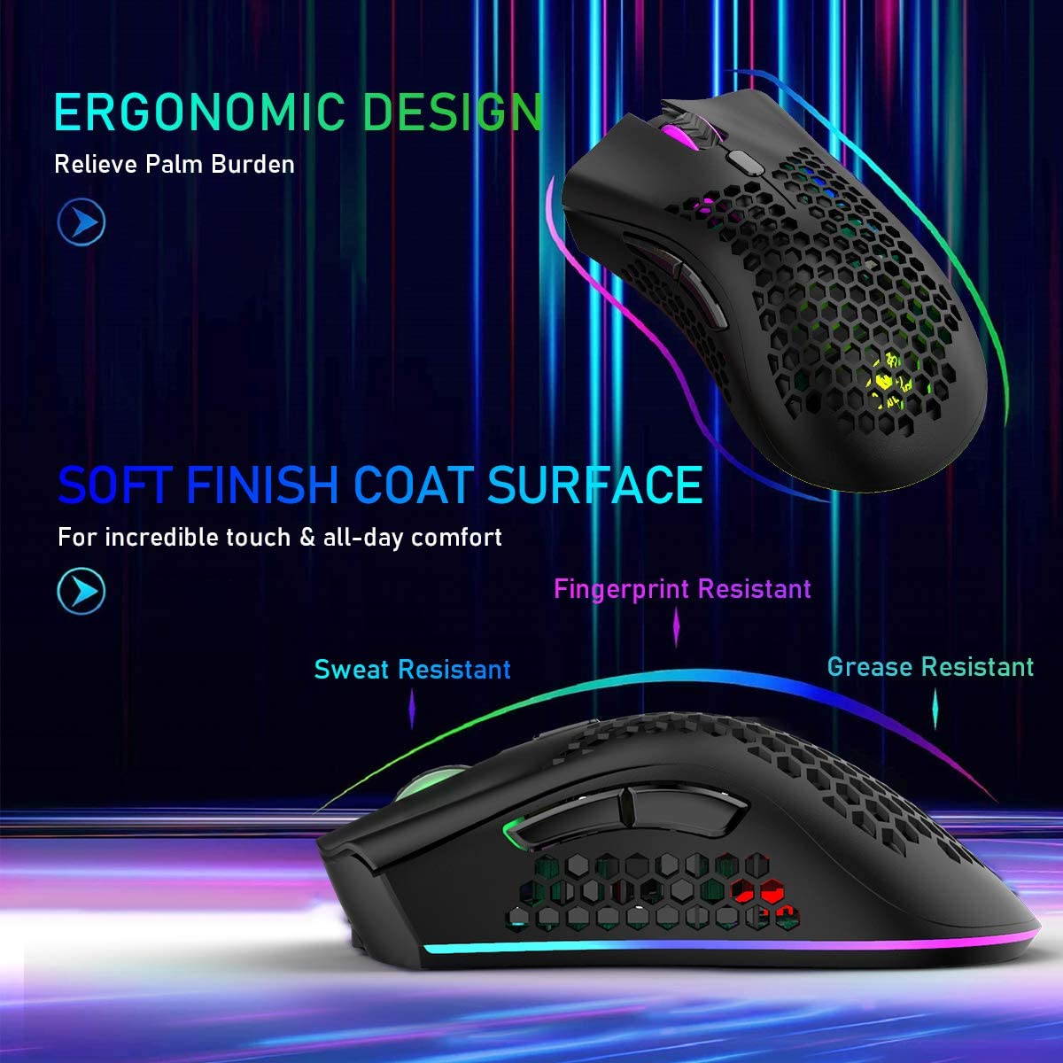 Gaming Mice Wireless Lightweight Gaming Mouse Honeycomb with 7 Button Multi RGB Backlit Perforated Ergonomic Shell Optical Sensor Adjustable DPI Rechargeable 800mAh Battery USB Receiver for PC Laptop