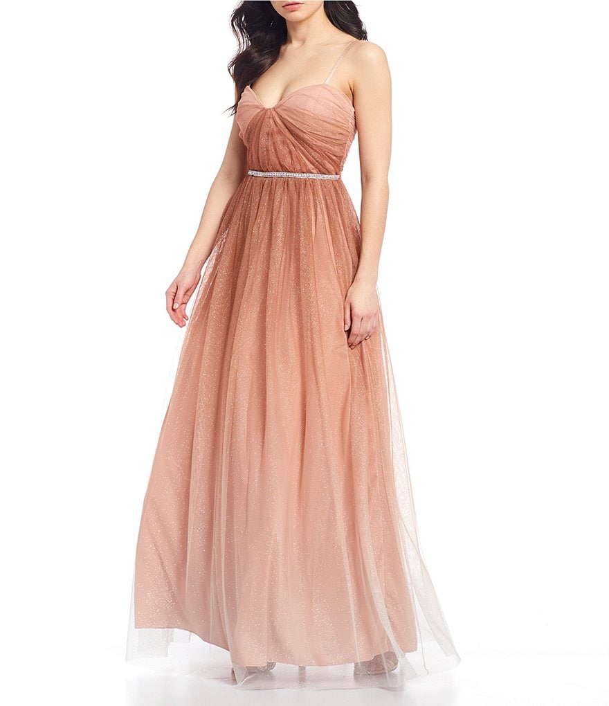 Teeze Me Spaghetti Strap Notch Square-Neck Lace-Up Back Ombre Beaded Waist Mesh Ball Gown