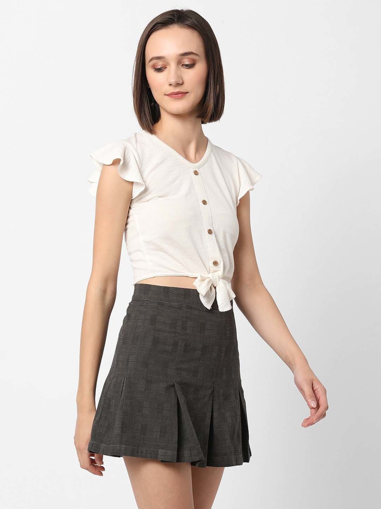 VASTRADO Off-White Cotton V Neck Crop Top