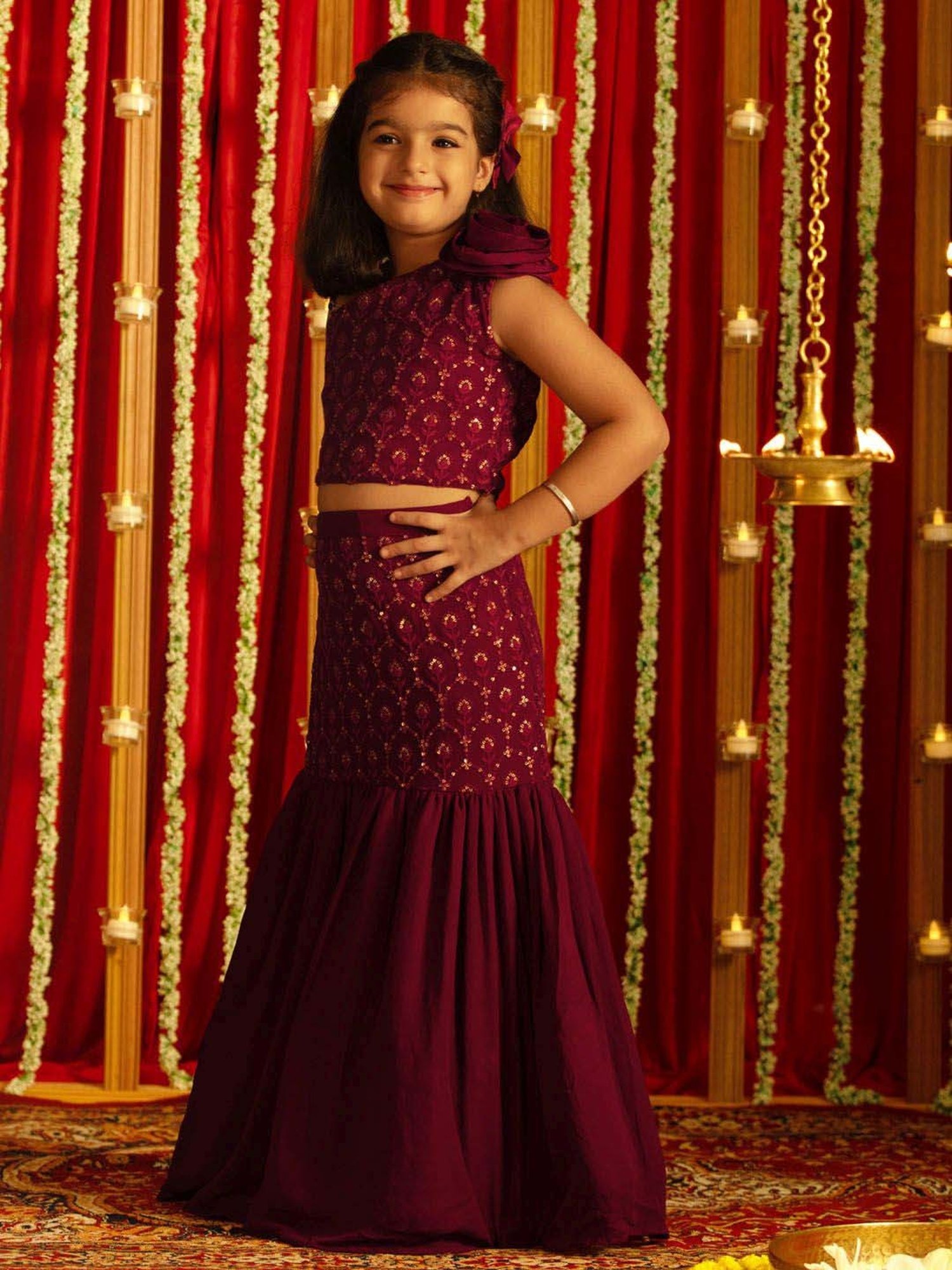 A Little Fable Kids Red & Beige Embellished Lehenga Choli