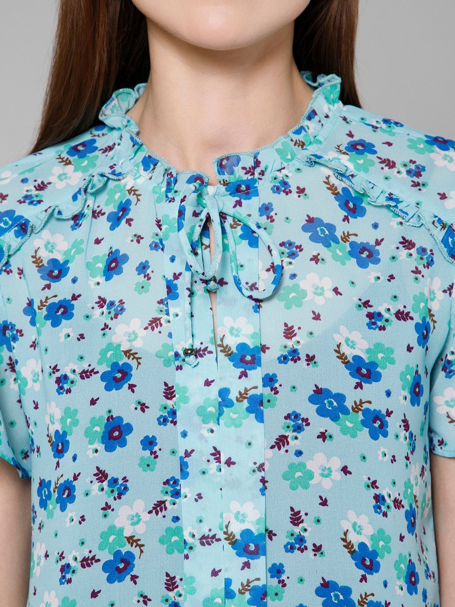 PURYS Blue Floral Print Top