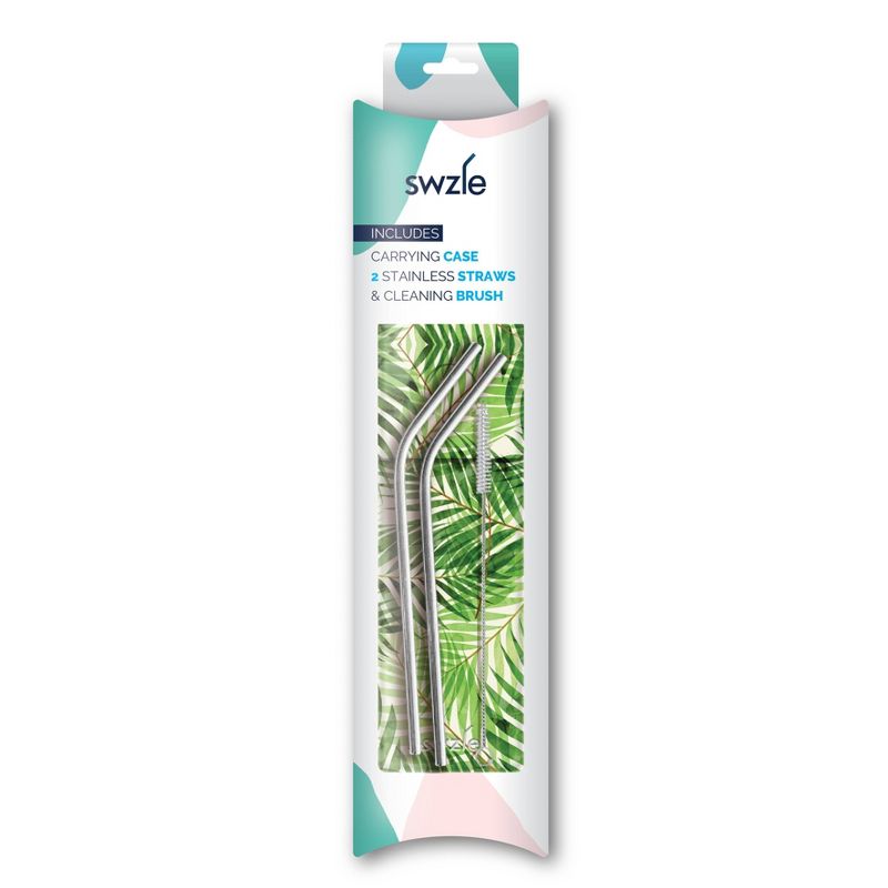 SWZLE Pack of 2 Reusable Stainless Steel Drinking Straws with Cleaning Brush and Case - Palm Leaves