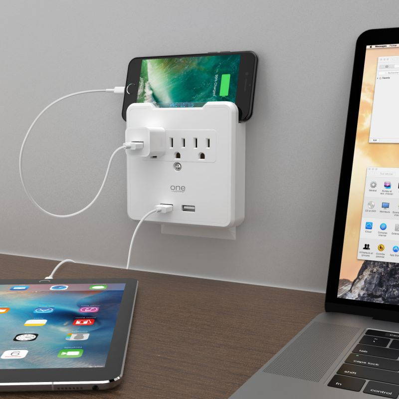 3 Outlet/2 USB Surge Protection Wall Tap with Device Cradle by ONE POWER