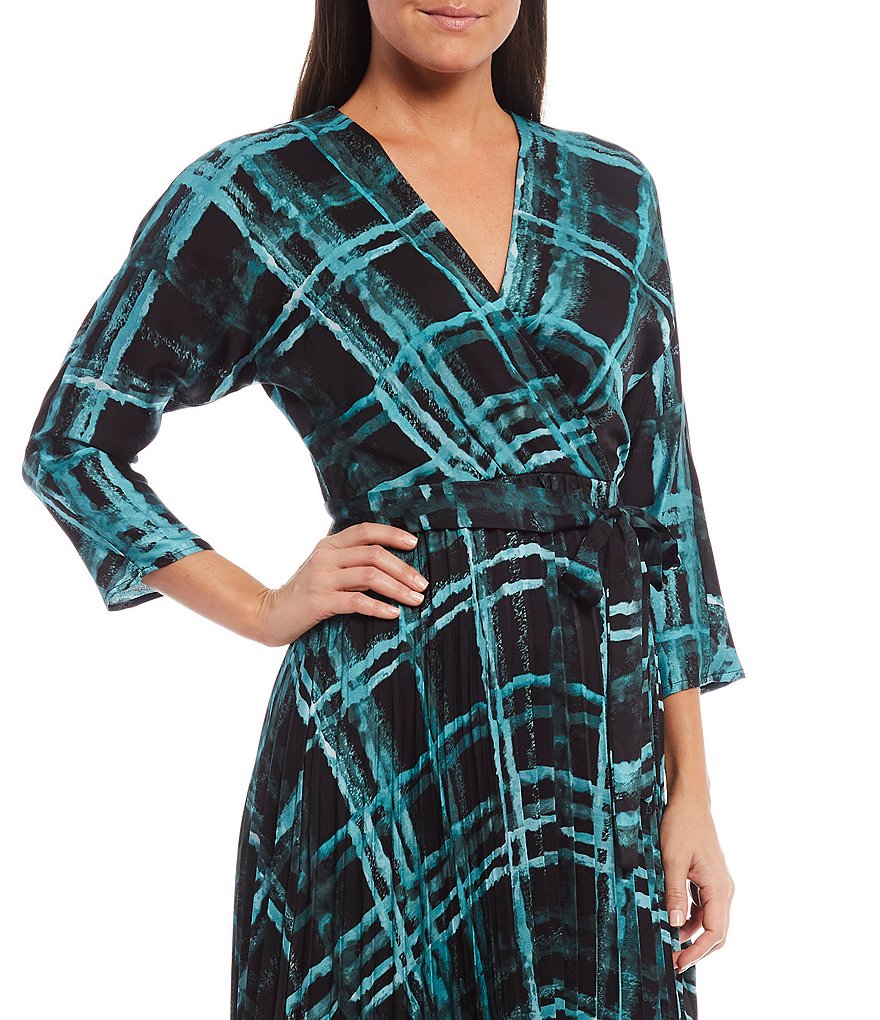 Maison Tara Plaid Sunburst Pleat 3/4 Sleeve Satin Midi Dress