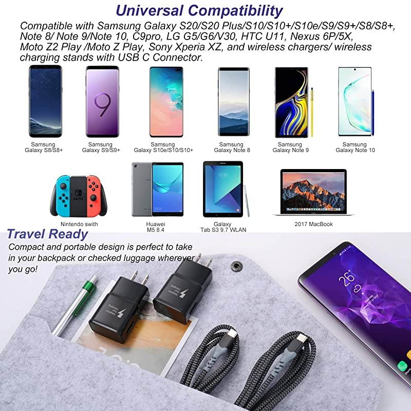 Adaptive Fast Wall Charger Adapter kit with USB TypeC Cable66Ft+10Ft Compatible with Samsung Galaxy S20S10S9S8EdgePlusActive Note 1098c9pro LG G6G5V30V20 Nexus 5X6PBlack