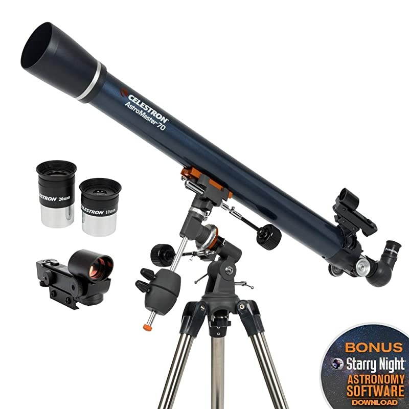 AstroMaster 70EQ Refractor Telescope &ndash; Refractor Telescope for Beginners - Fully-Coated Glass Optics - Adjustable-Height Tripod - BONUS Astronomy Software Package