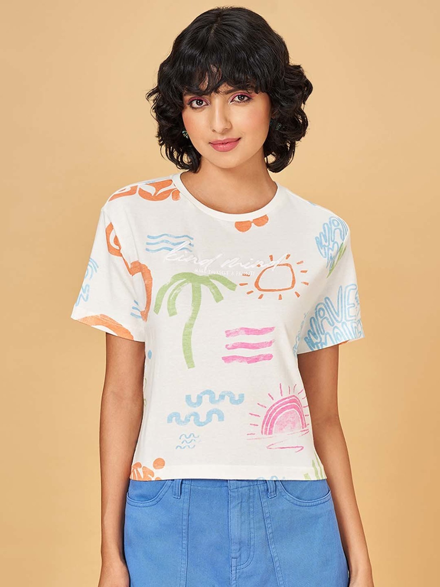 People by Pantaloons White Cotton Printed T-Shirt