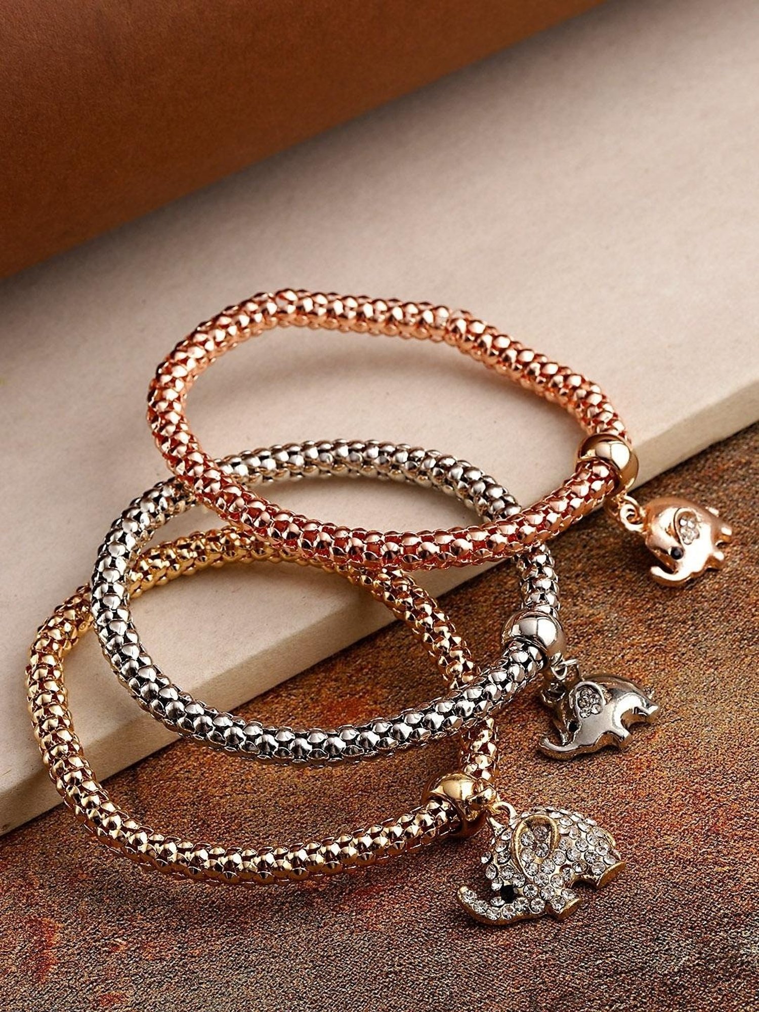 YouBella Women Stone-Studded Elasticated Charms Bracelet - Set of 3