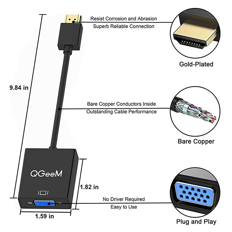 HDMI to VGA, Gold-Plated HDMI to VGA Adapter (Male to Female) Compatible with Computer,Desktop,Laptop,PC,Monitor,Projector,HDTV, Chromebook,Raspberry Pi,Roku,Xbox and More(Black)