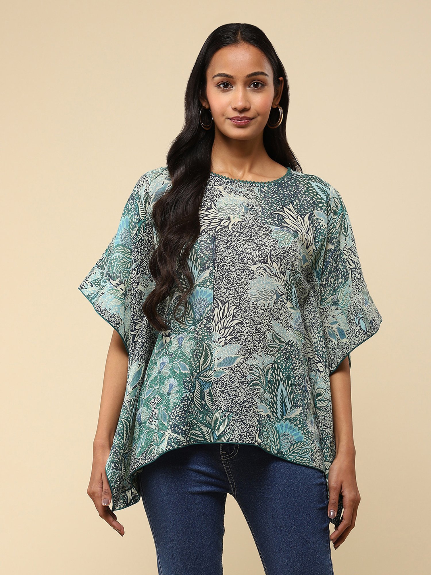 aarke Ritu Kumar Green & Blue Cotton Floral Print Kaftan
