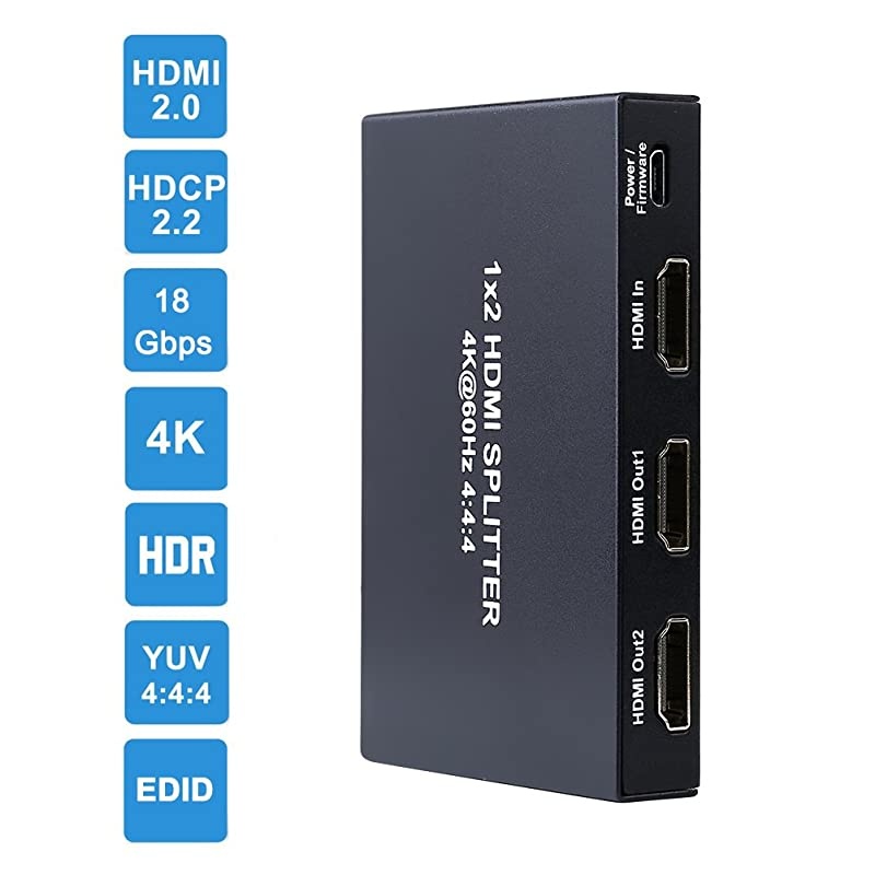 1x2 HDMI Splitter 4K 60hz 4:4:4 HDR 18Gbps HDCP 2.2 EDID 3D 1 in 2 Out HDMI 2.0 Port for Duplicate Dual Monitor Sharing Screen UHD Video