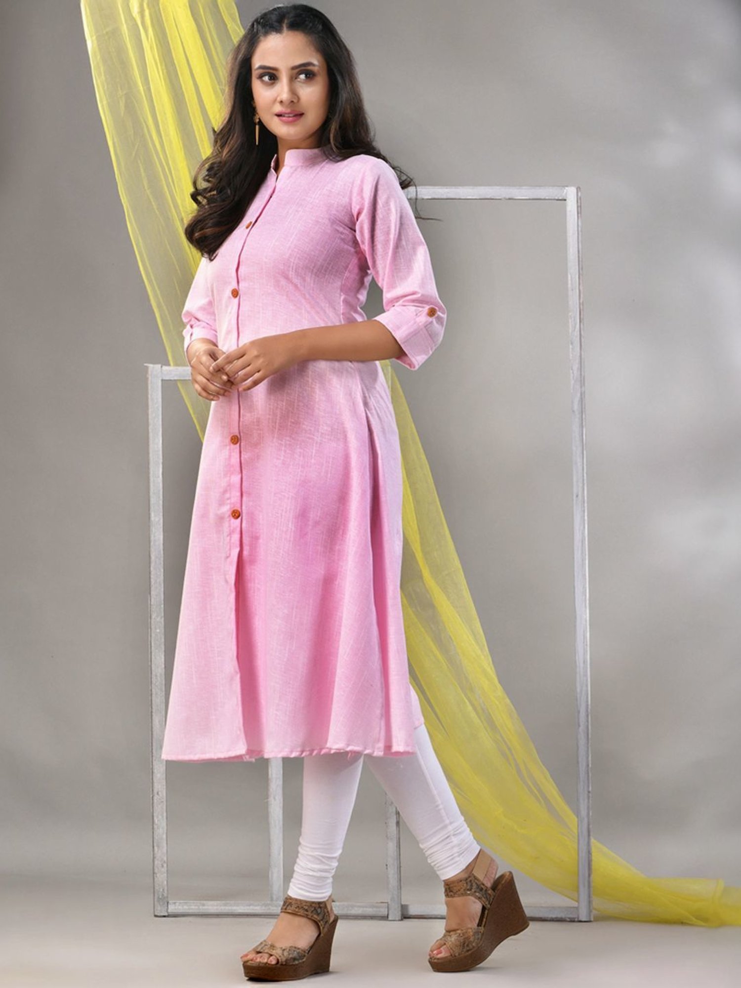 CHARUKRITI Baby Pink Cotton Straight Kurta