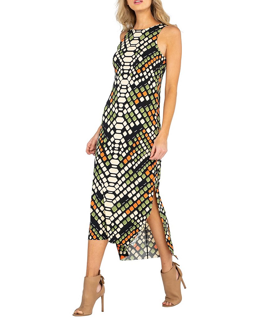 Eva Varro Geo Dot Tile Print Knit Round Neck Sleeveless Hi-Low Side Slit Midi Tank Dress