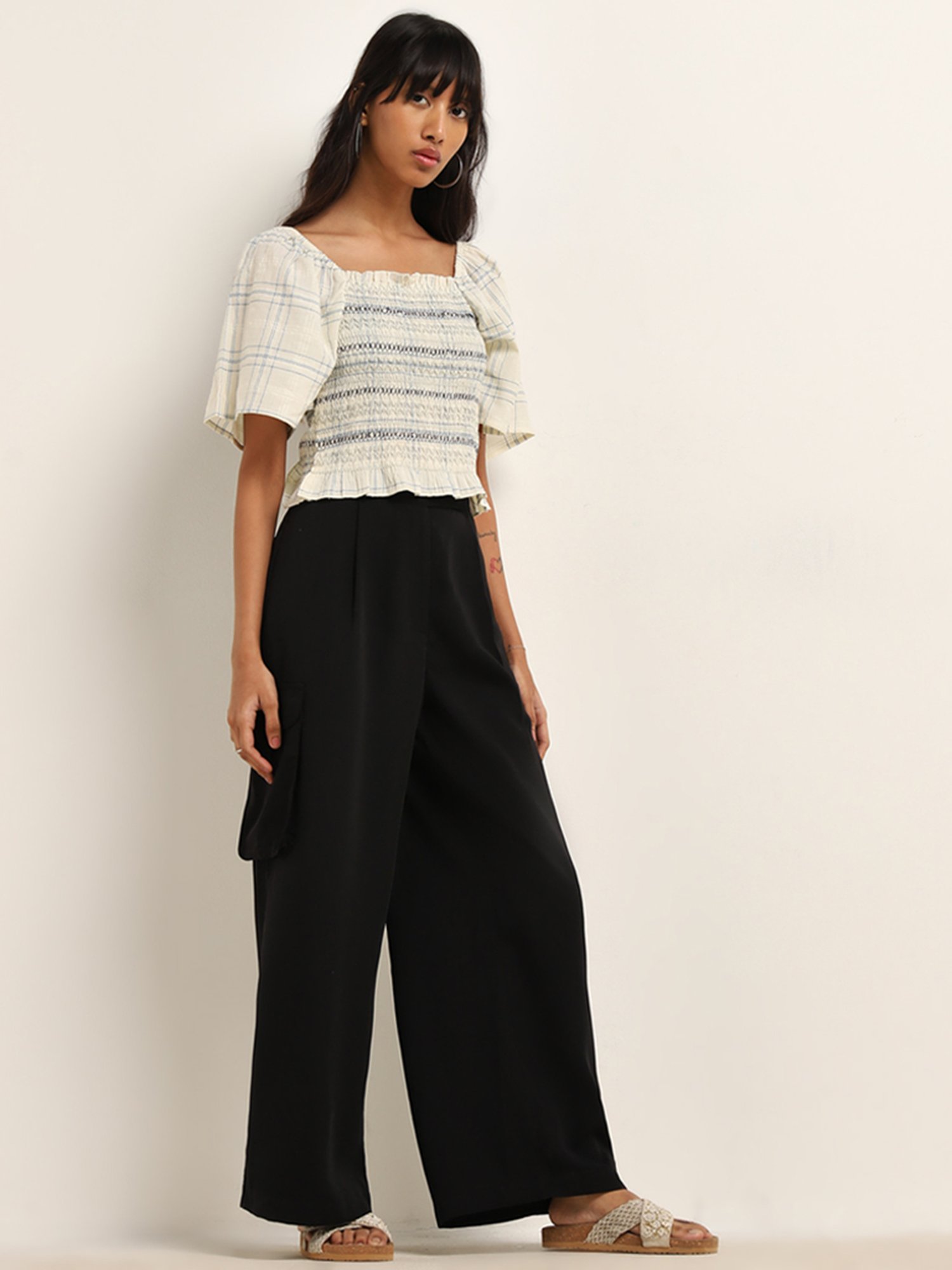 Bombay Paisley by Westside Ivory Checks Design Smocked Cotton Top