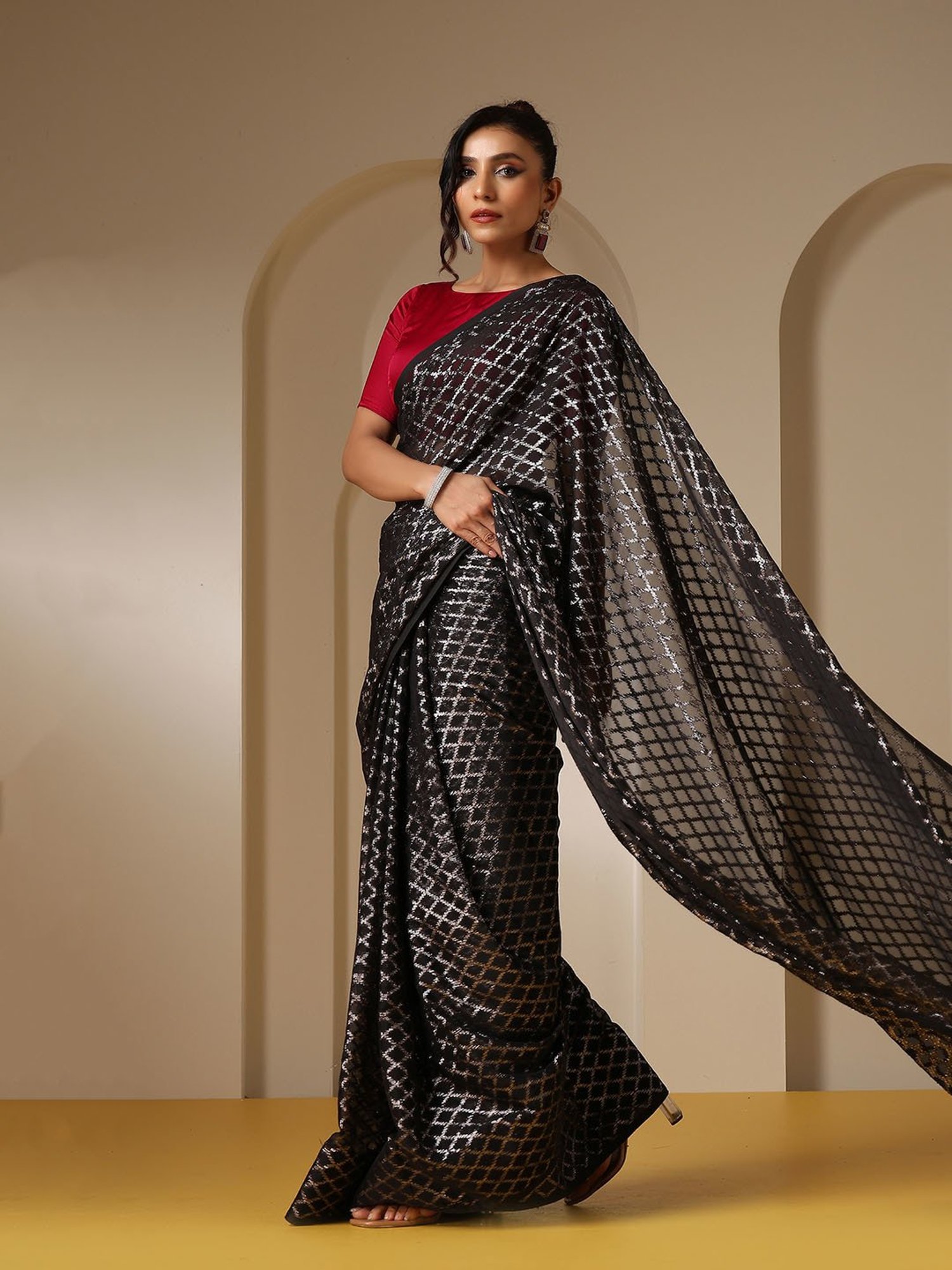 Swtantra Black Check Chiffon Saree With Red Unstitched Blouse