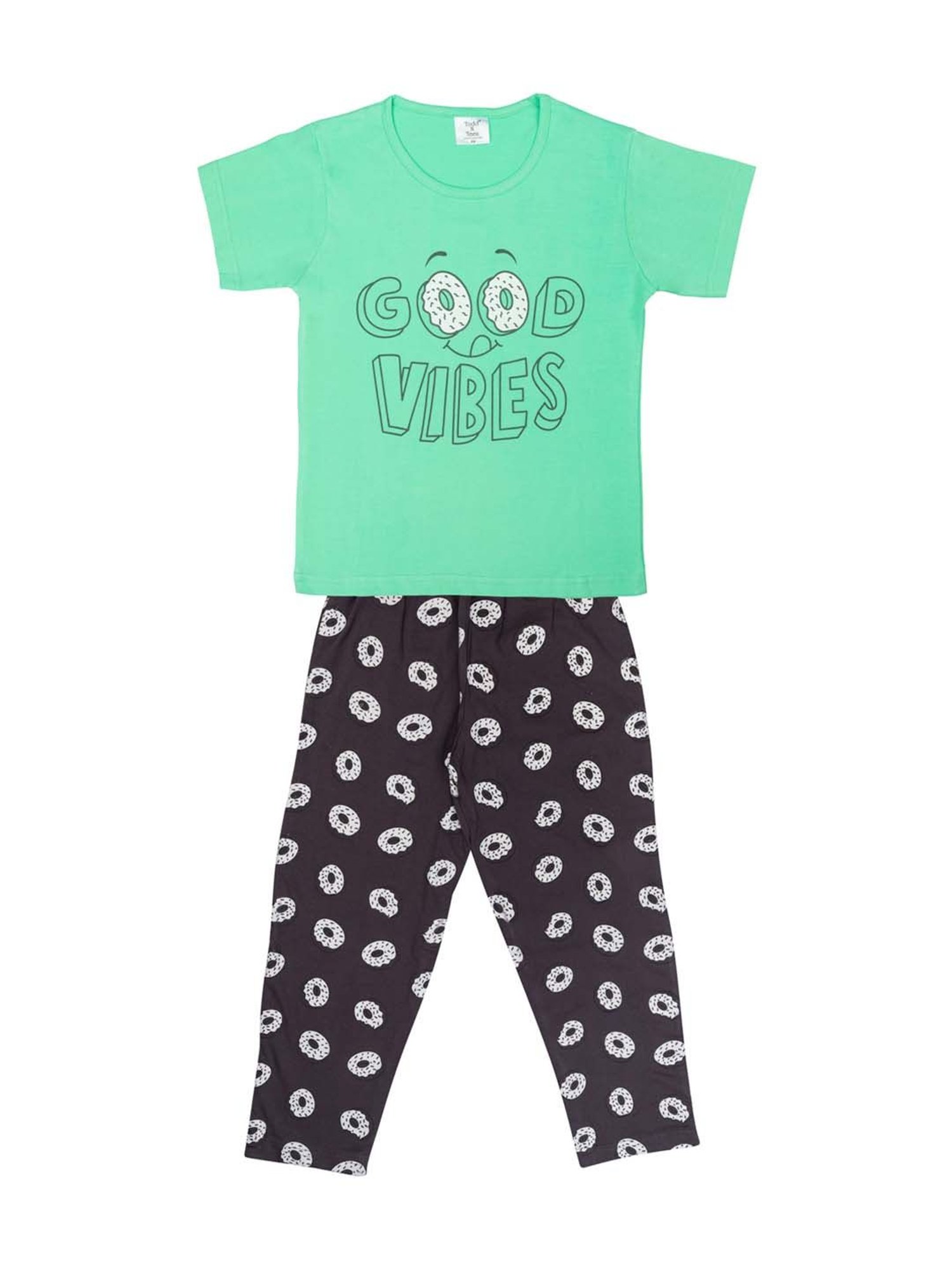 Todd N Teen Kids Pista Green & Soft Pink Cotton Printed T-Shirt & Pyjamas - Pack of 2