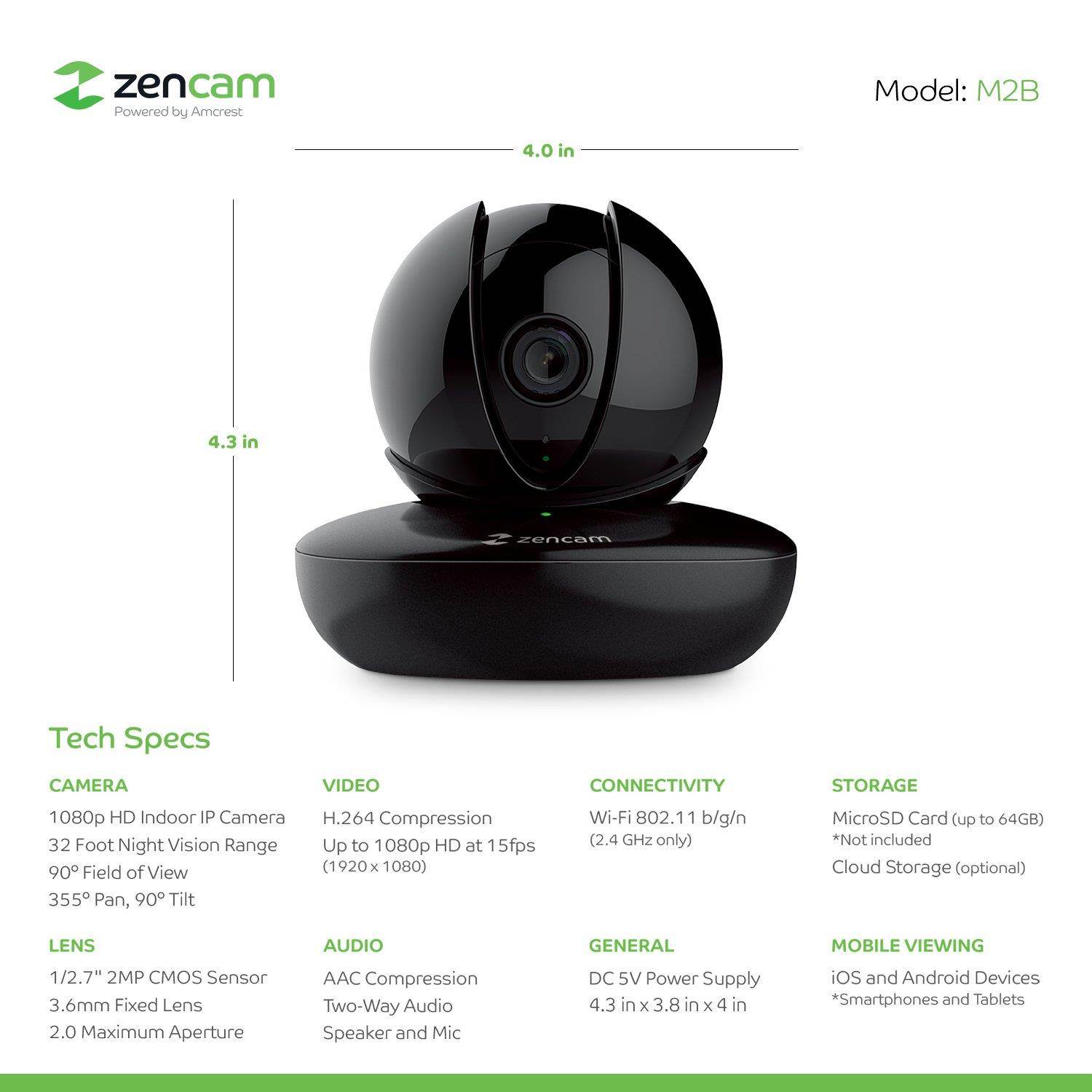 2-Pack Zencam WiFi Camera, 1080p HD Indoor Pan Tilt Zoom Wireless IP Security System with Night Vision, Two Way Talk, Motion Alerts, Remote Streaming, MicroSD & Cloud Storage, Black (2PACK-M2B)