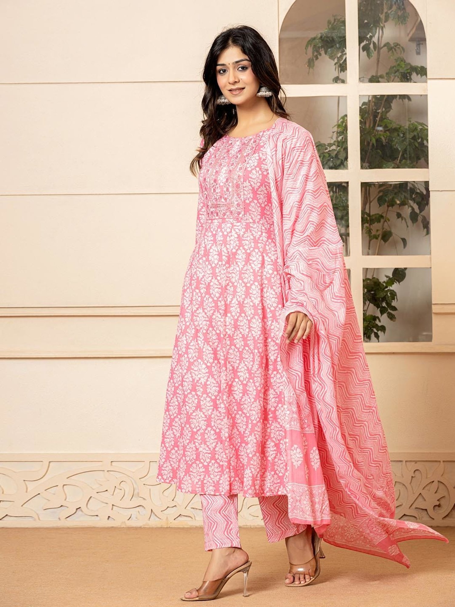 Yufta Pink Cotton Embroidered Kurta & Pant Set with Dupatta