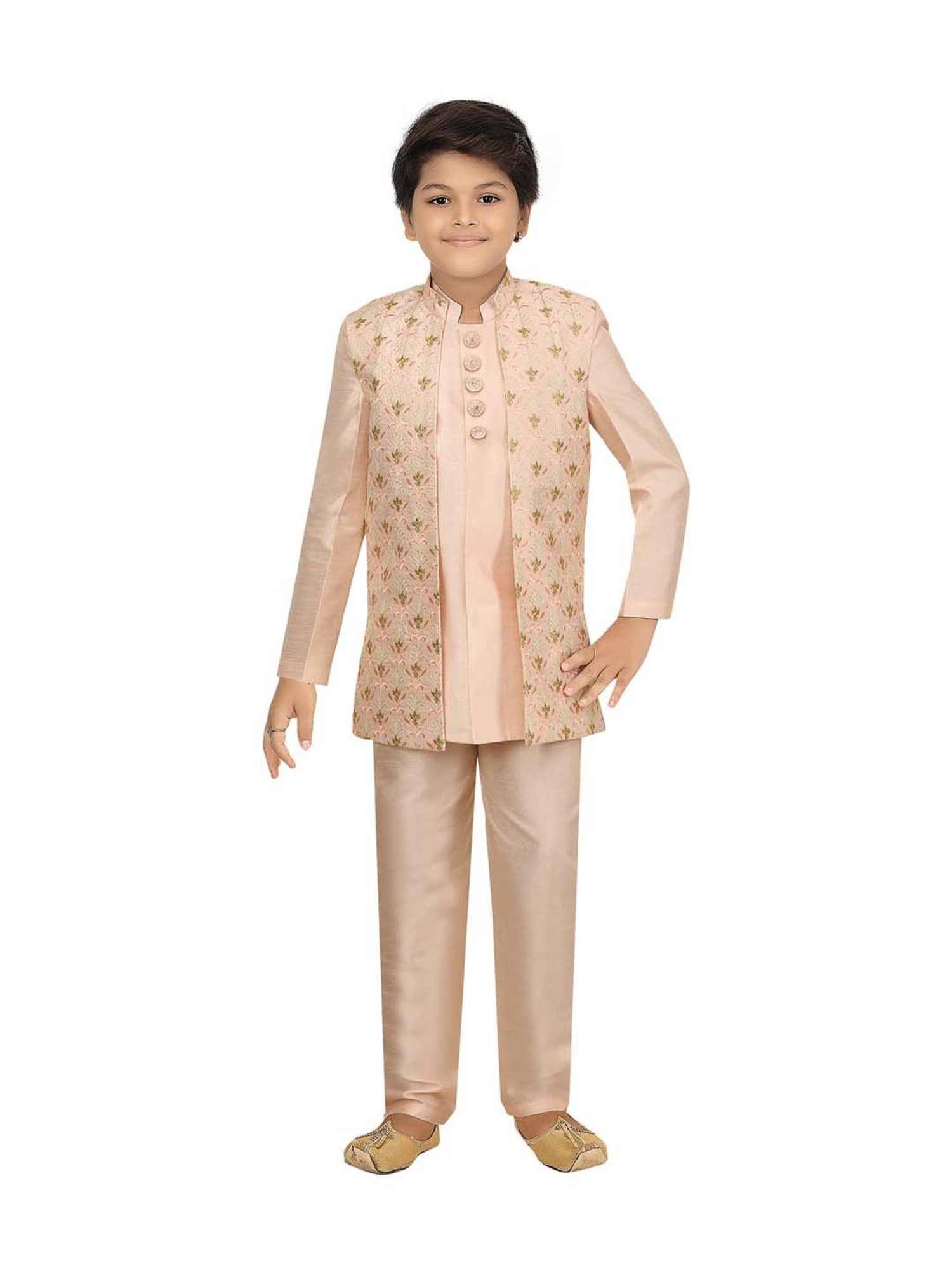 Ahhaaaa Kids Beige Cotton Embroidered Full Sleeves Kurta Set