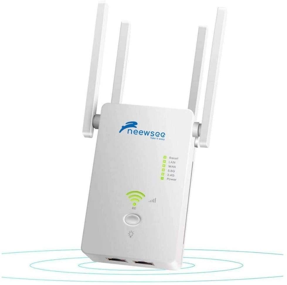 Neewsee - WiFi Extender Dual Band 2.4G & 5G Signal Booster WiFi Repeater Wireless Network up to 1200 Mbps with 4 External Advanced Antennas for Long Coverage Easy to Set-Up