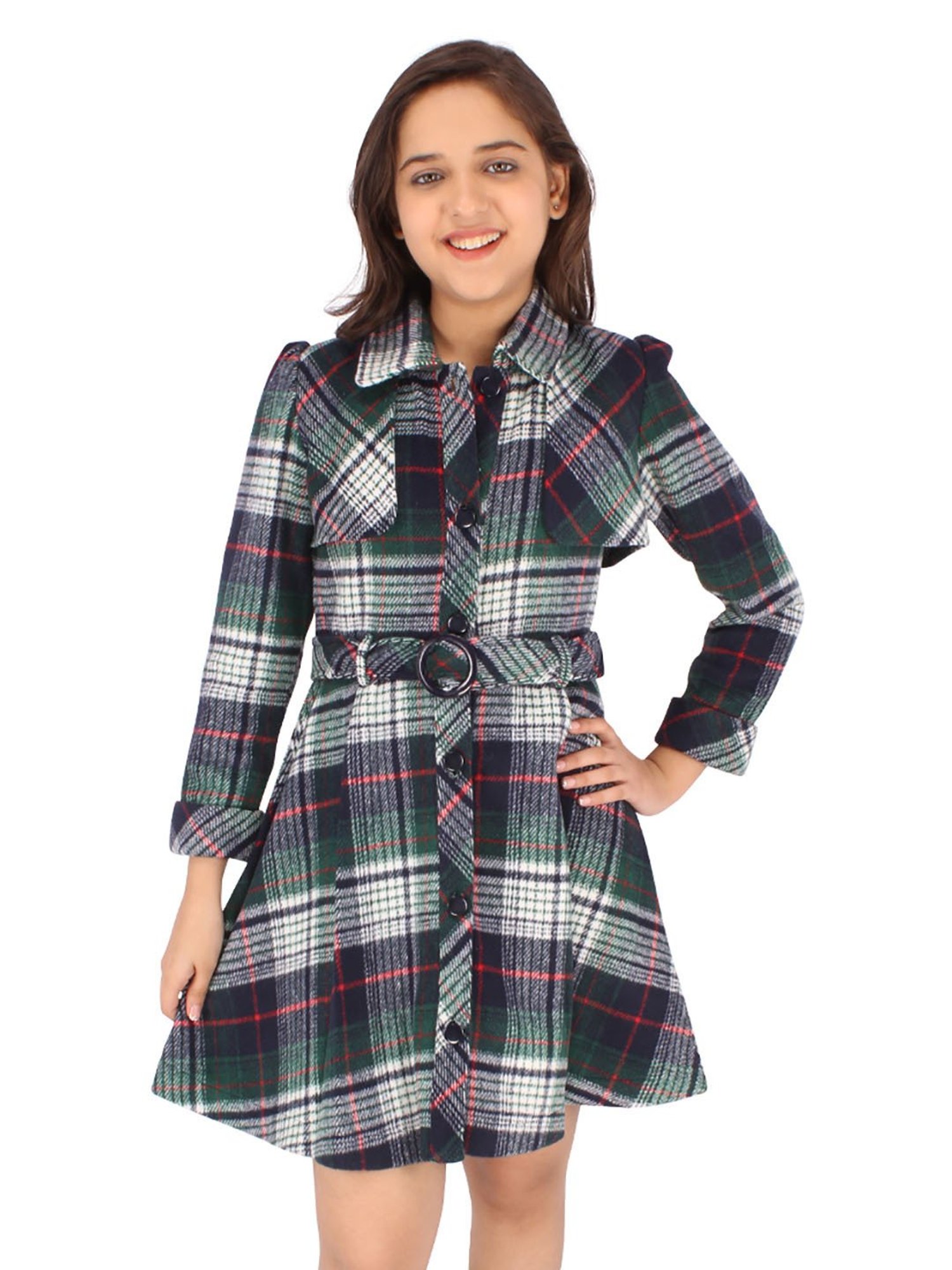 Cutecumber Kids Navy Checks Full Sleeves Shirt Dress with Belt