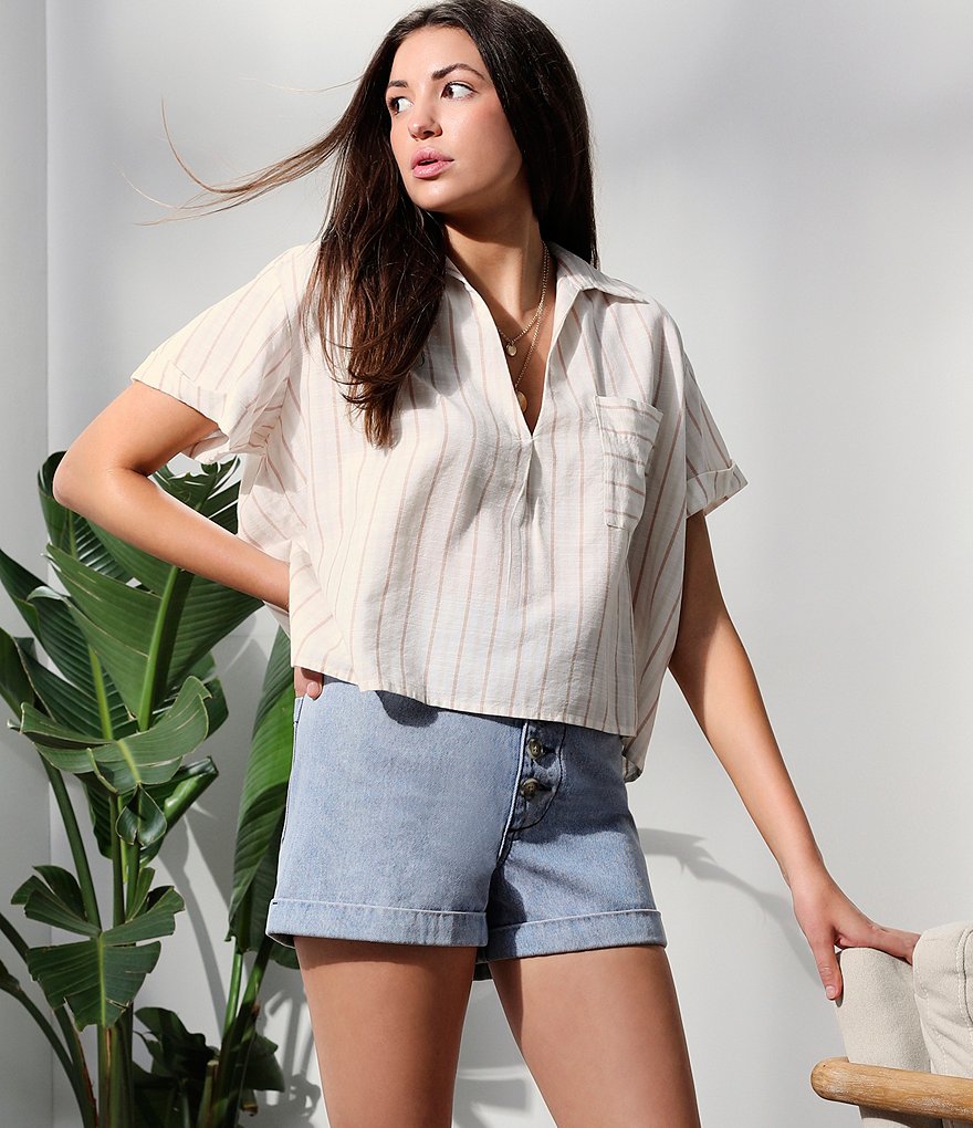 Every Stripe Pocket Cropped Button Front Top