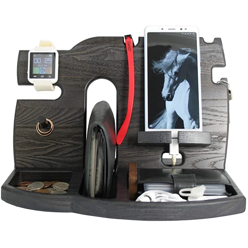 Wood Docking Station Tray Cell Phone Smartwatch Holder Men Charging Accessory Nightstand Father Mobile Base Gadget Organizer Dresser Wallet Storage Anniversary Birthday Graduation Gift