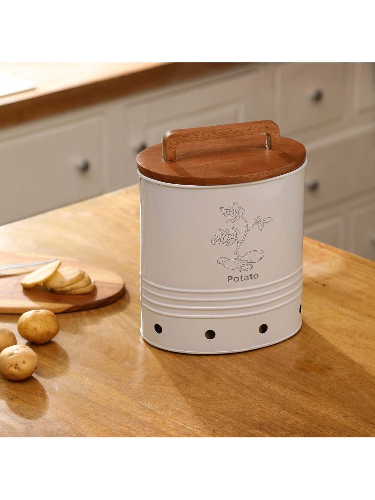 Ellementry 'Canny' White & Brown Metal 16 cm Potato Storage Barrel With Lid - Set of 1