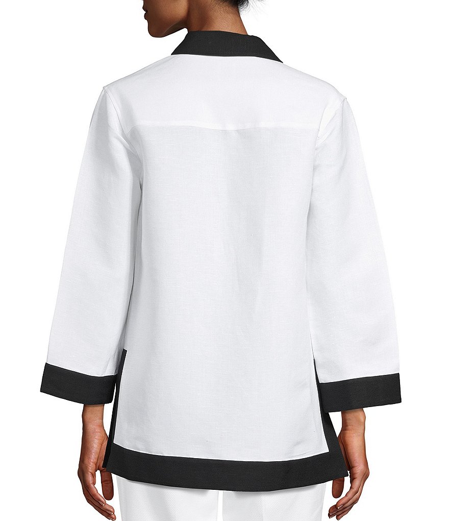 Anne Klein Colorblock Y-Neck Linen Blend Long Sleeve Button Front Tunic