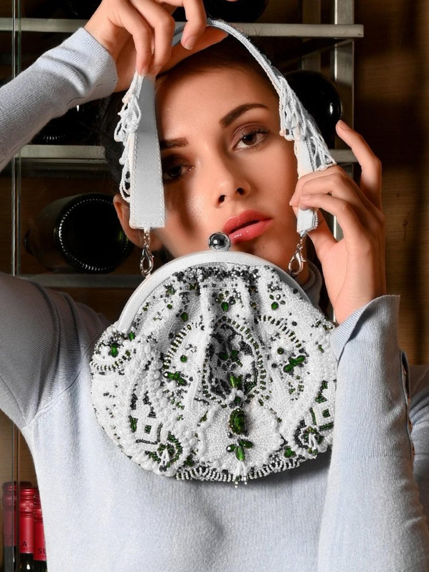 Odette White & Green Embellished Handbag