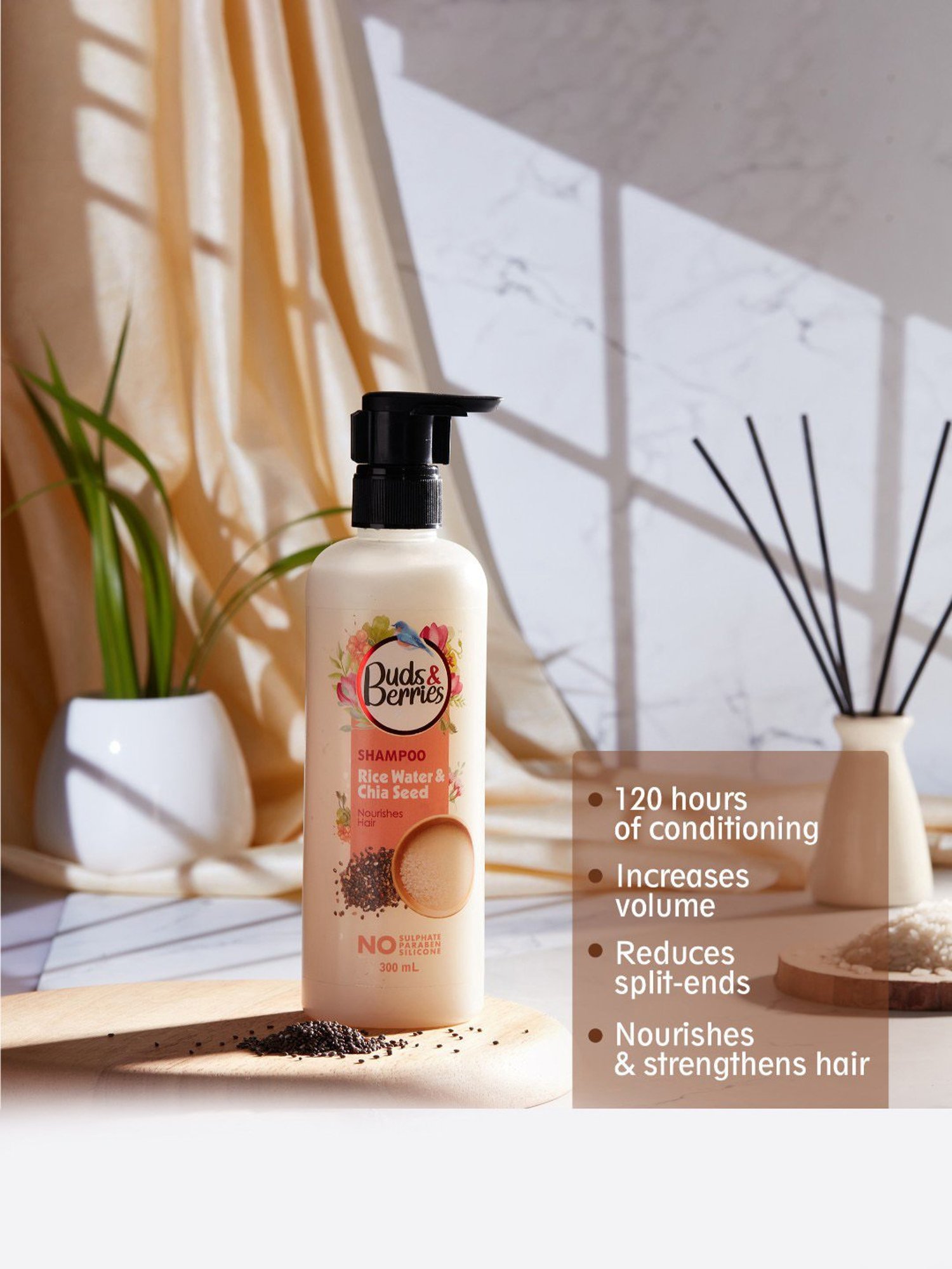 Buds & Berries Rice Water & Chia Seed Nourishes Hair Shampoo - 300 ml