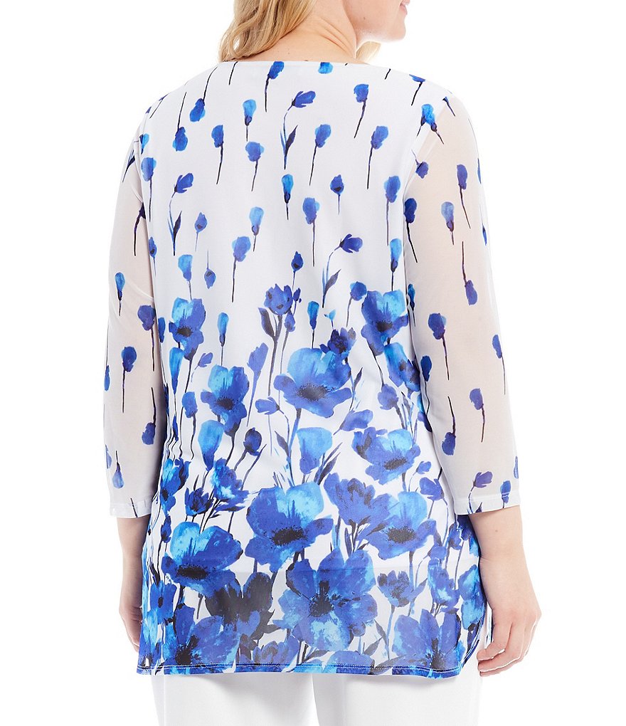 Kasper Plus Size Jewel Neck 3/4 Sleeve Floral Printed Mesh Tunic