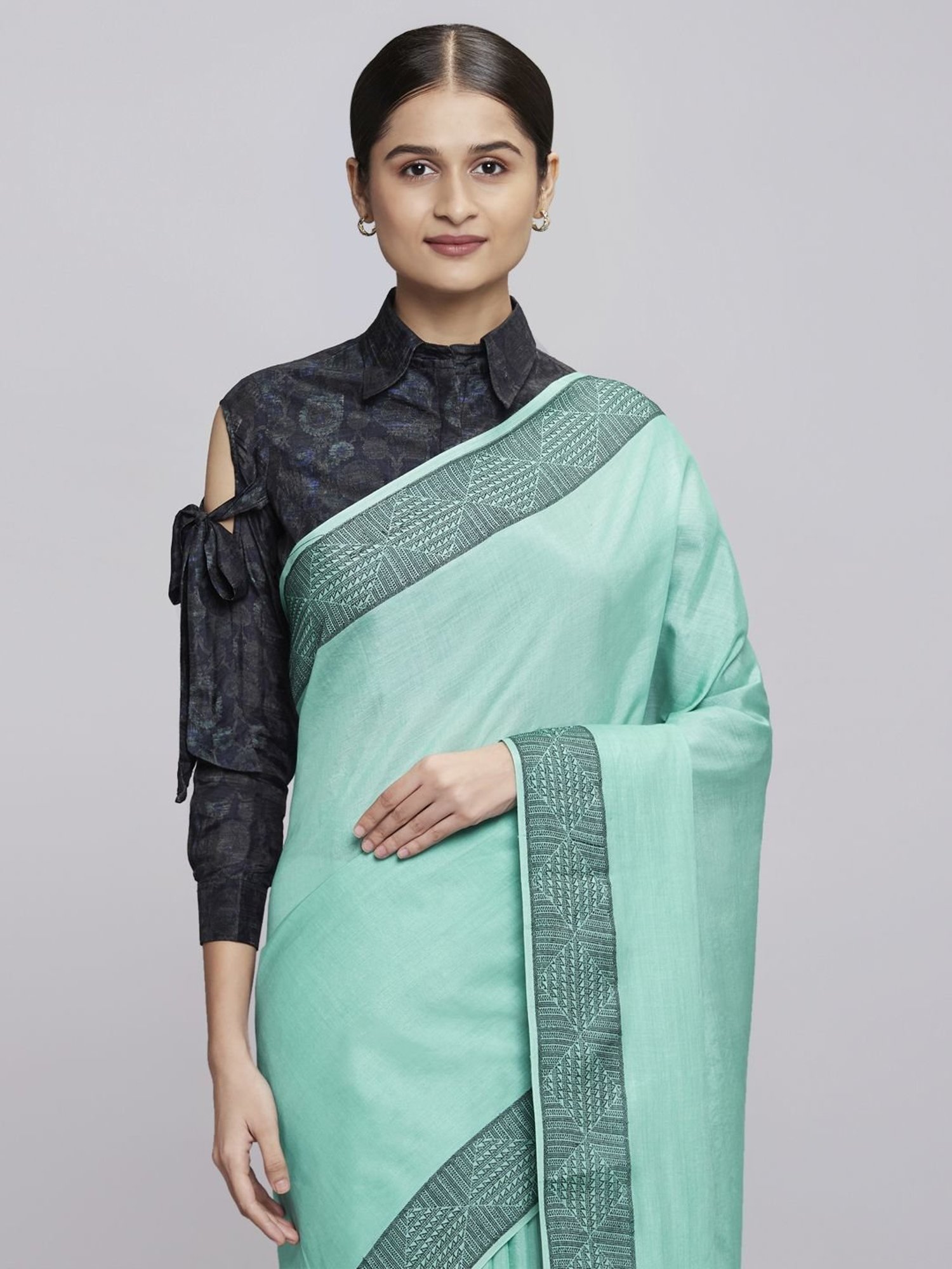 navyasa by liva Sage Green Embroidered Saree With Unstitched Blouse