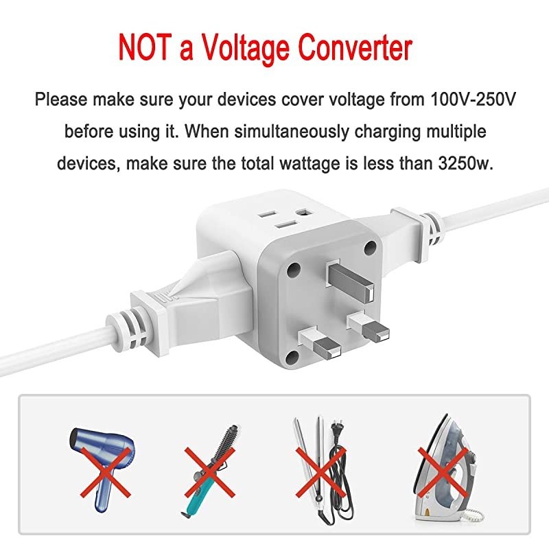 UK Ireland London Power Adapter,  UK Travel Plug Adapter with 2 USB Charger and 3 American Outlets, US to British Scotland England Hongkong Adaptor (Type G Plug)