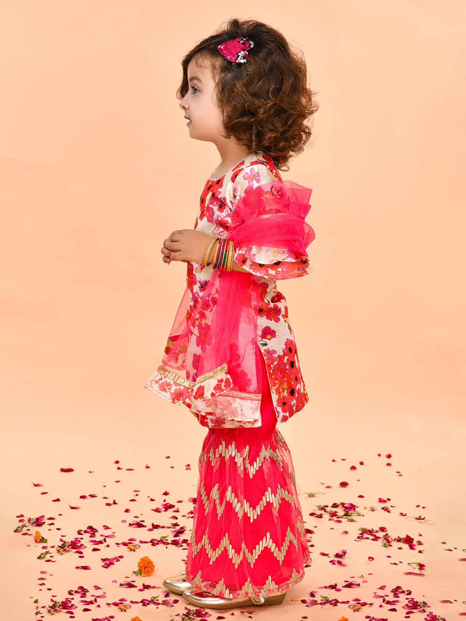Saka Designs Kids Pink & Ivory Floral Print Kurta with Sharara & Dupatta