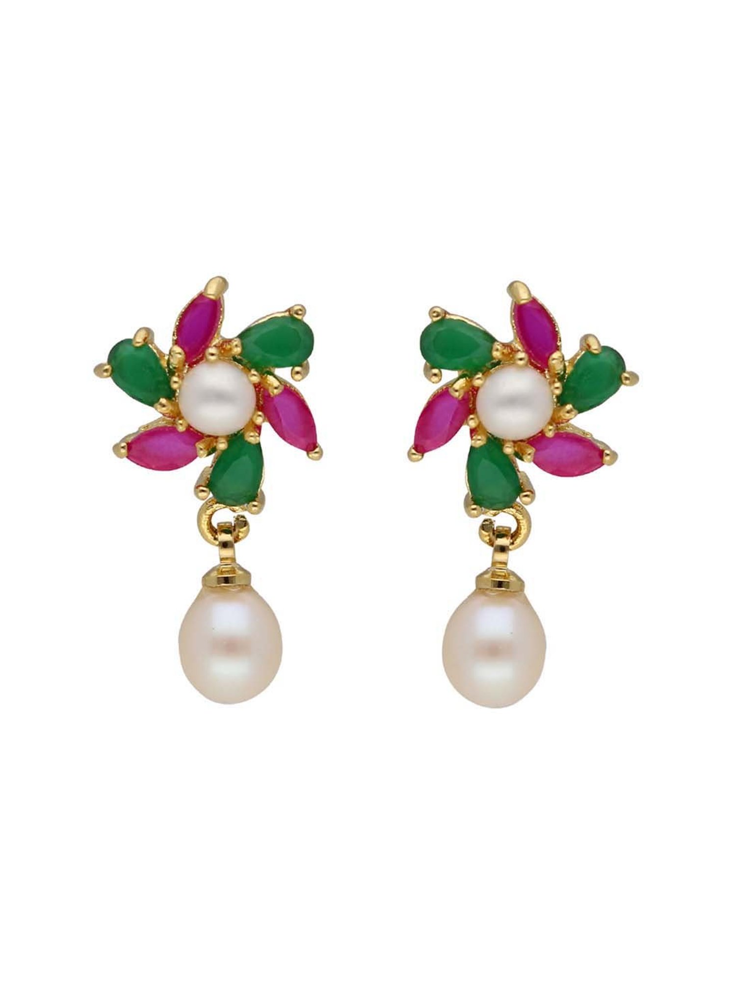 Sri Jagdamba Pearls Pink & Green Sunflower Pearl Drop Earrings