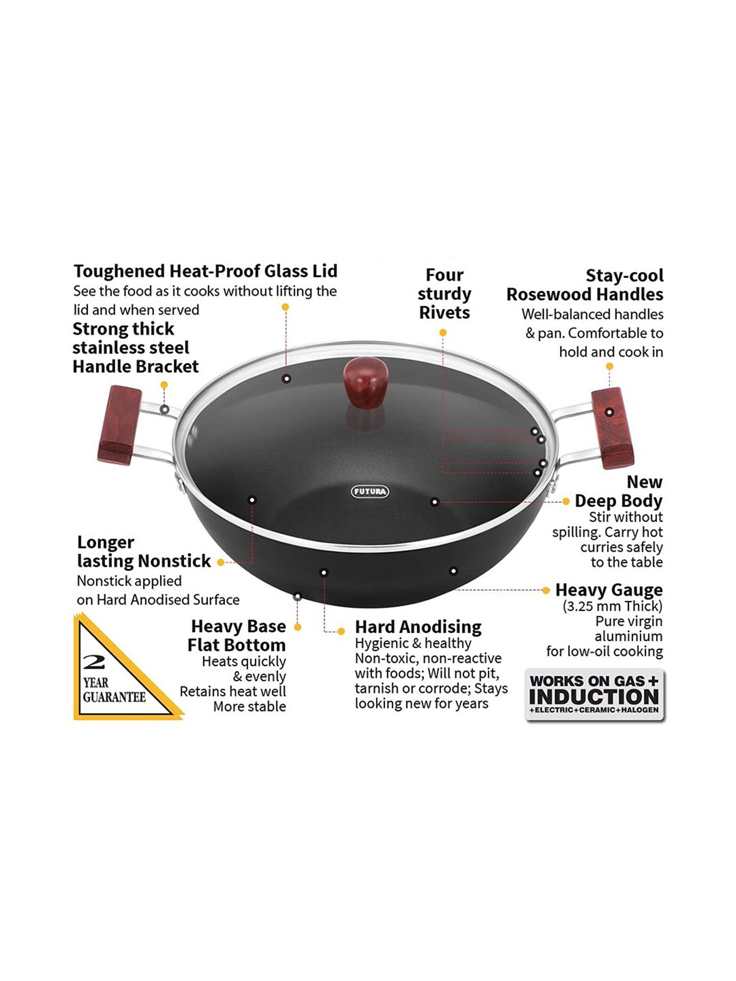 Hawkins Black Hard Anodised Nonstick Deep Kadhai with Glass Lid - 5 Litre