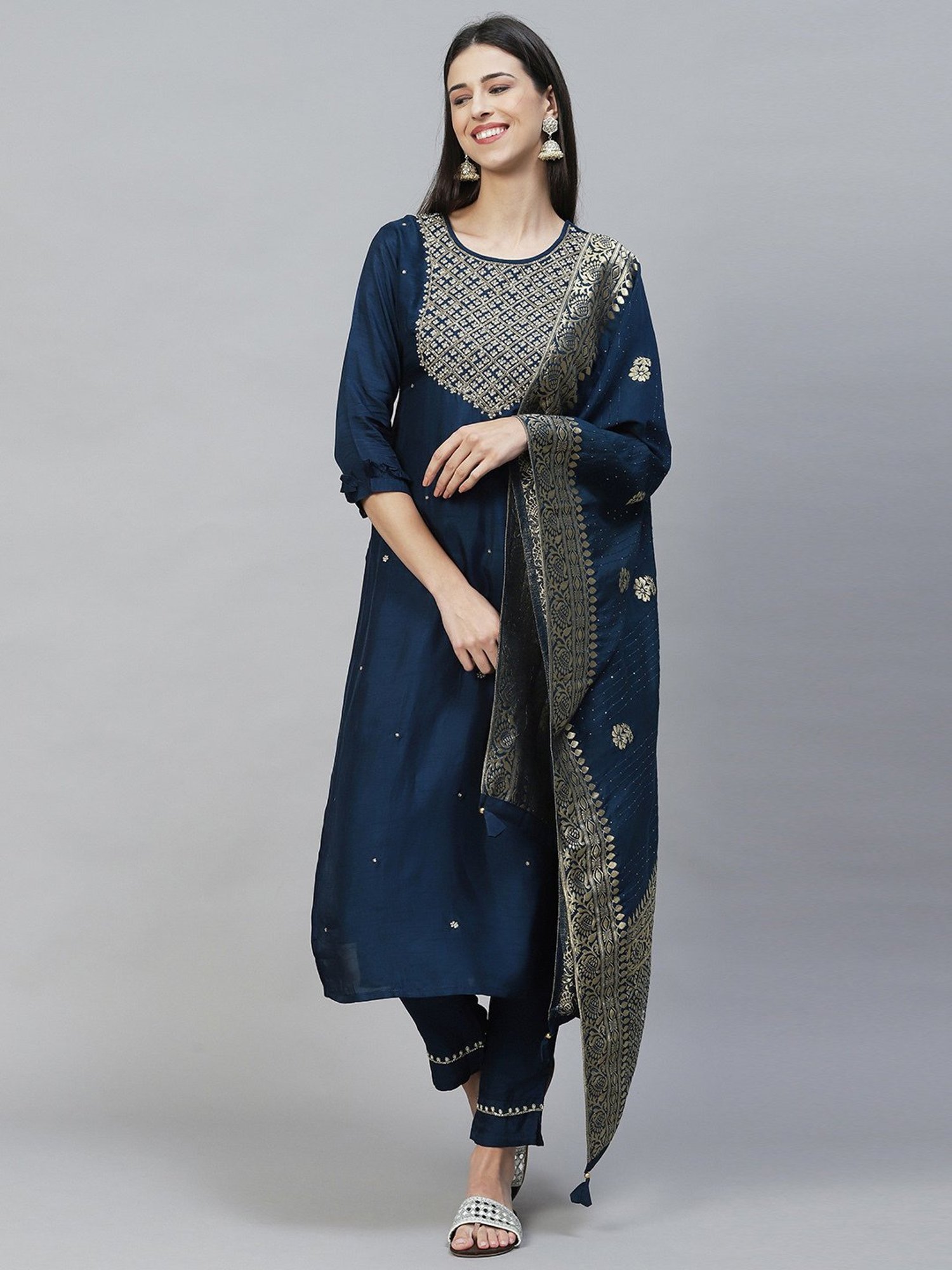 Fashor Blue Embroidered Kurta Pant Set With Dupatta