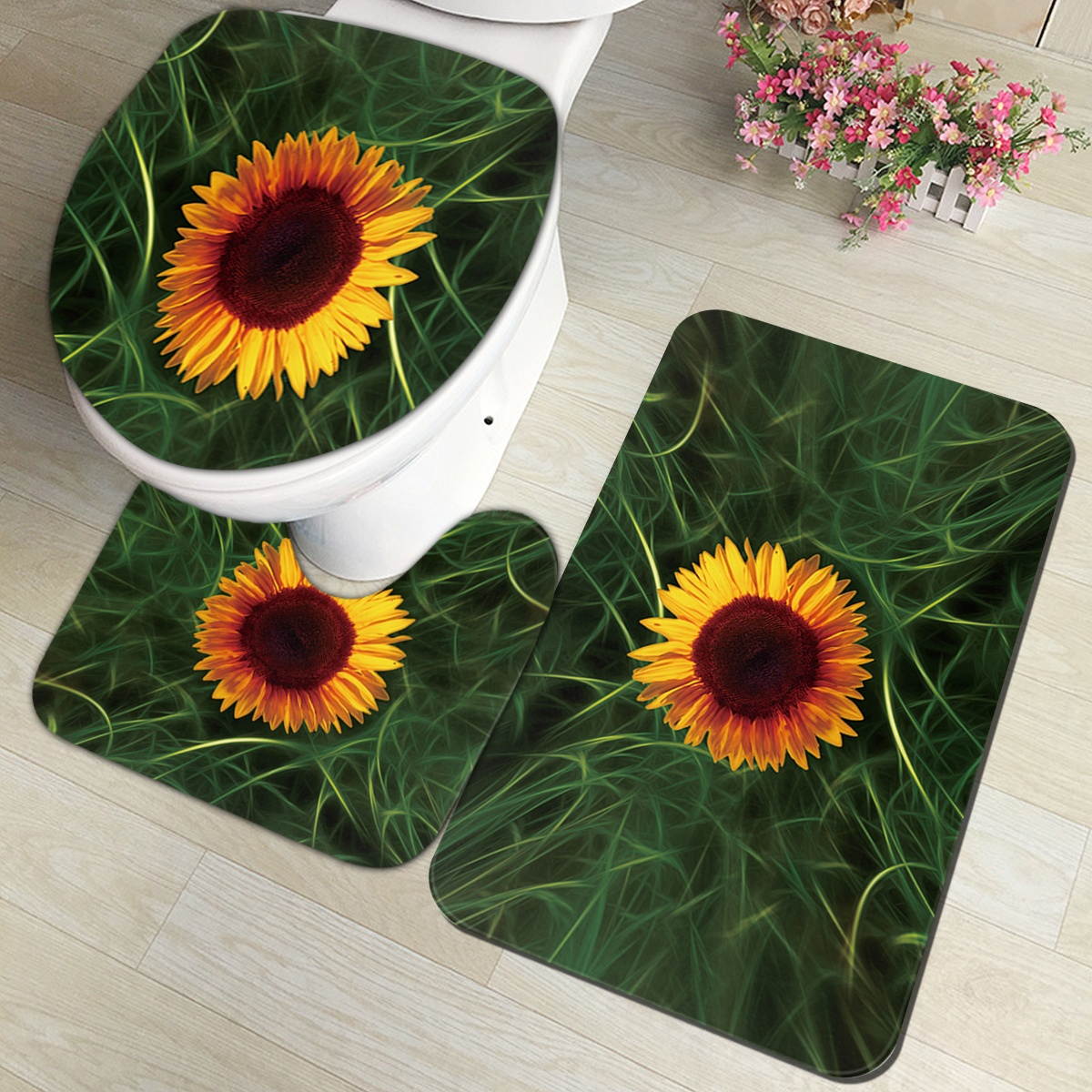 Shower Curtain Sunflower Bathroom Shower Curtain Pedestal Rug Toilet Lid Mat Floor Mat-Shower Curtain