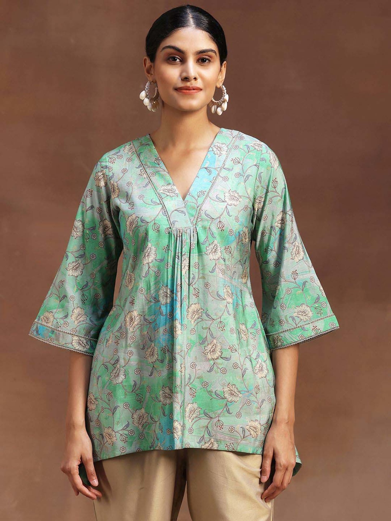 Libas Green Printed A Line Short Kurti