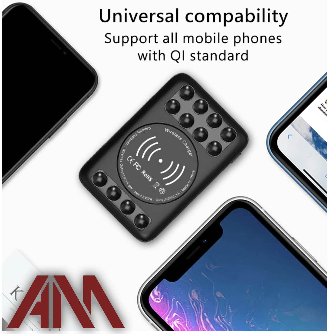 Portable Mini Wireless Hands Free Charger by AMT | 2-in-1 5000mAh Power Bank with Qi Wireless Charging & Hands Free Suction Cups Attachment Options Big Charge Half The Size (1 Unit)- Black